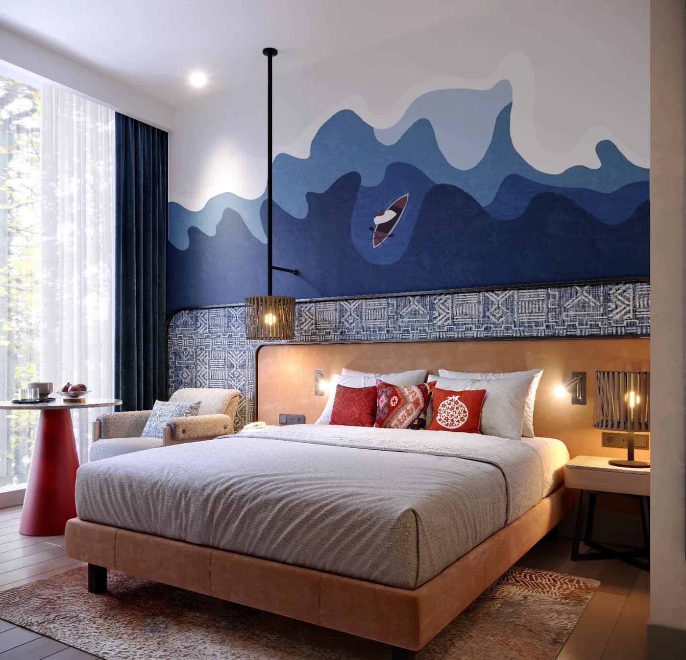 Dalga ve kayık desenli otel odası duvar kağıdı projesi